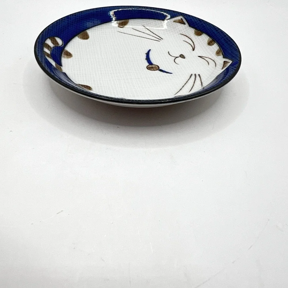 Happy Cat Sauce Bowl Blue Japan Warai Neko 4 1/2